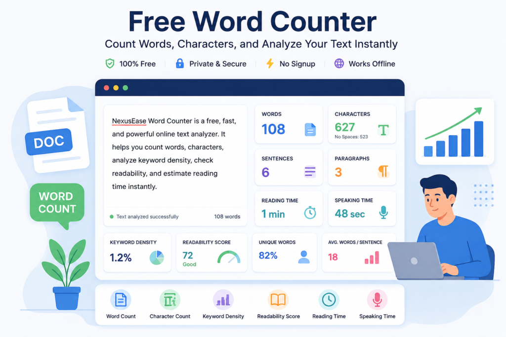Free word counter tool illustration with document, word count, character count, and writing metrics