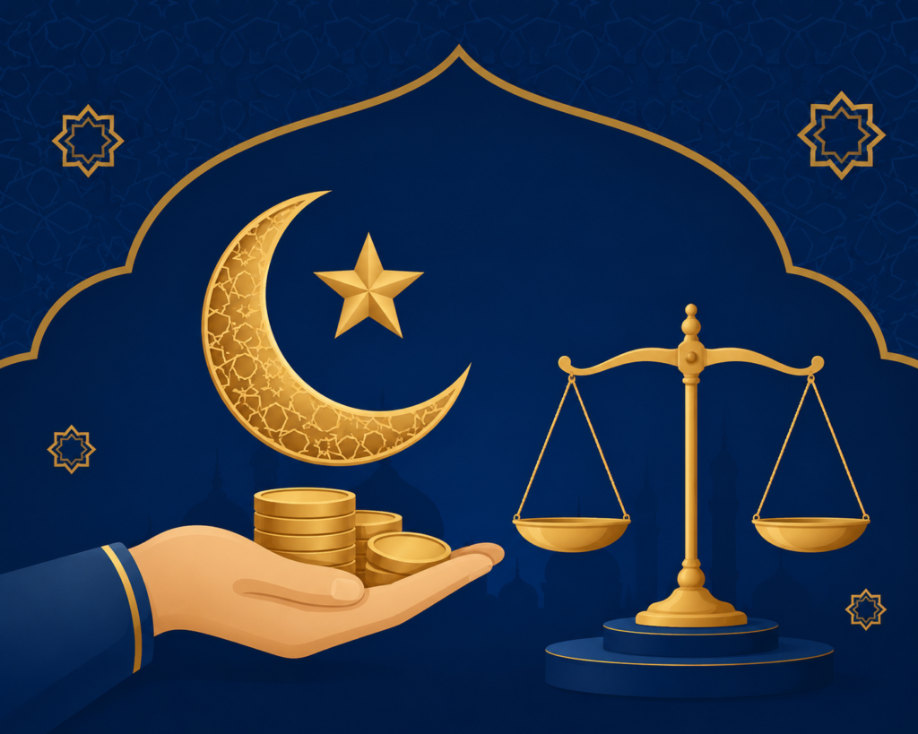 Zakat calculator illustration 
with gold coins and Islamic crescent symbol 