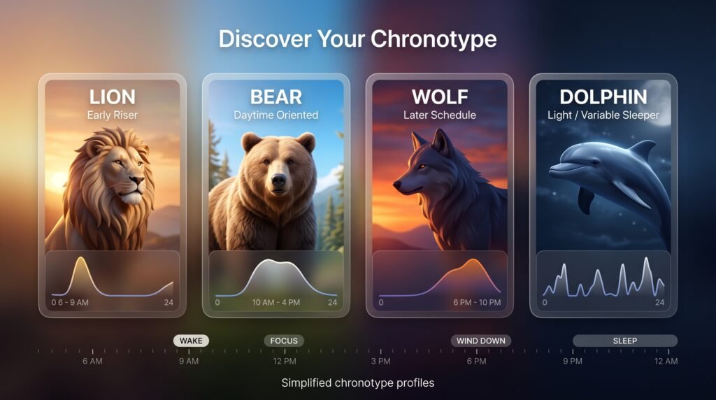 Chronotype comparison for Lion, Bear, Wolf and Dolphin sleep patterns