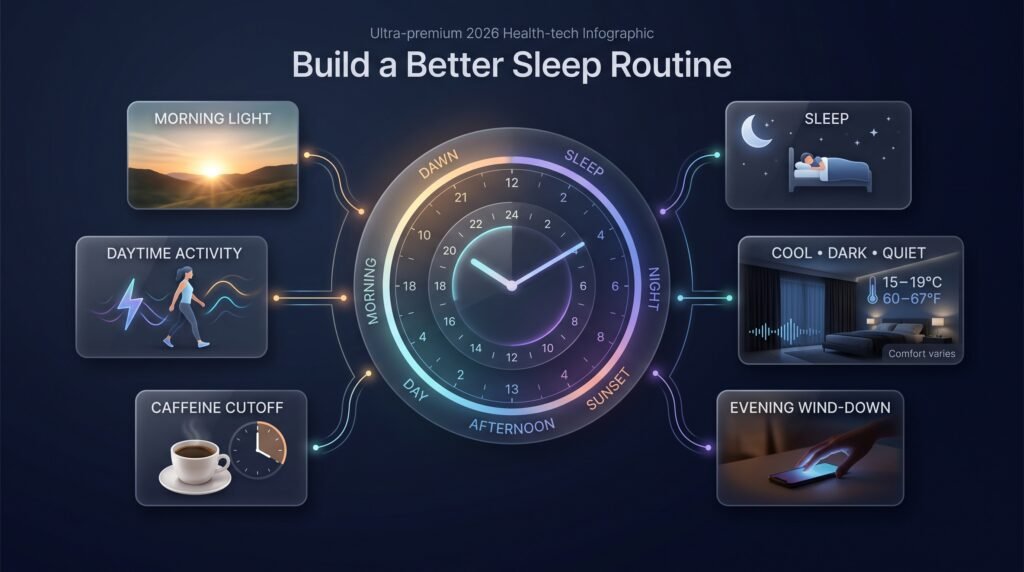Healthy sleep routine with morning light, caffeine cutoff and bedtime habits