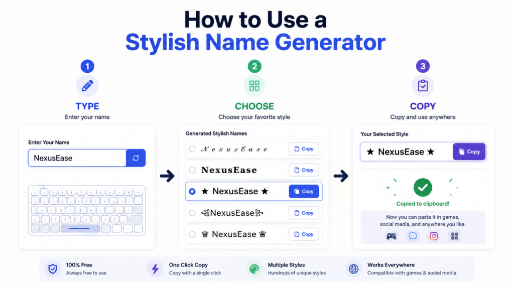 How to use the NexusEase Stylish Name Generator to type, choose and copy a stylish name
