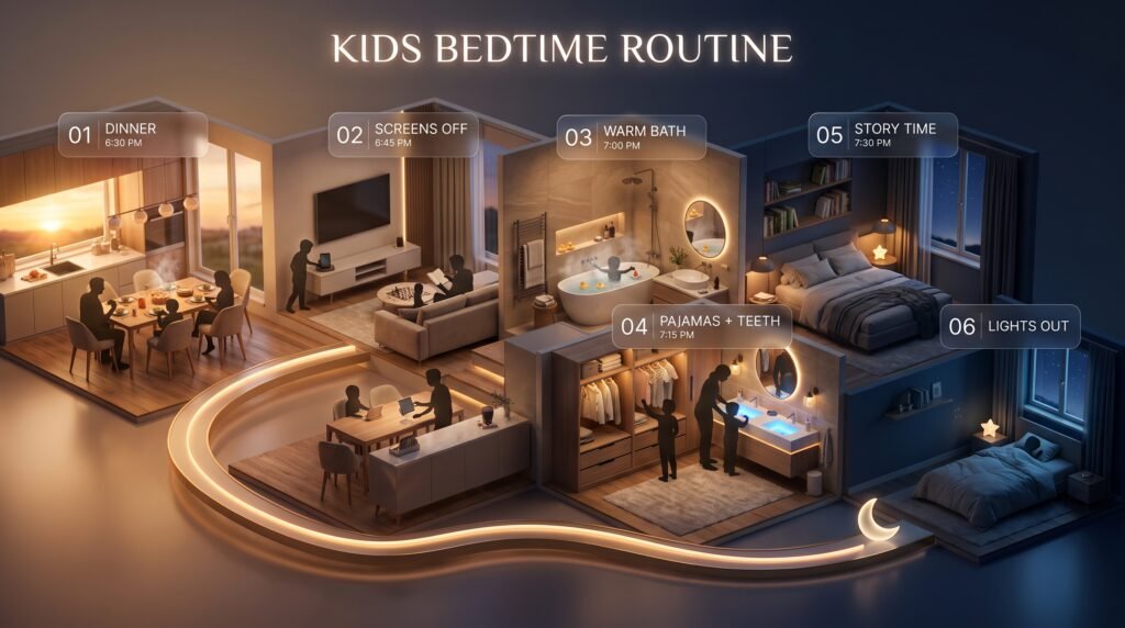 Kids bedtime routine schedule from dinner and bath to story time and lights out