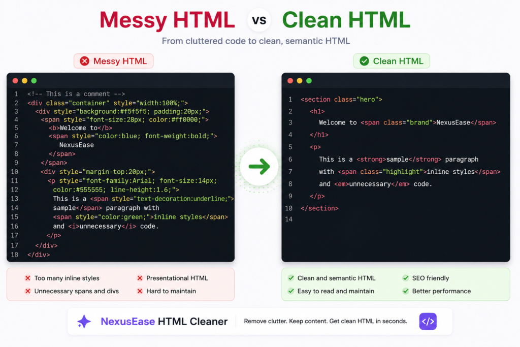 Comparison of messy HTML code and clean semantic HTML
