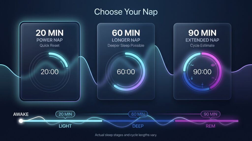 Nap calculator comparing 20, 60 and 90 minute nap durations