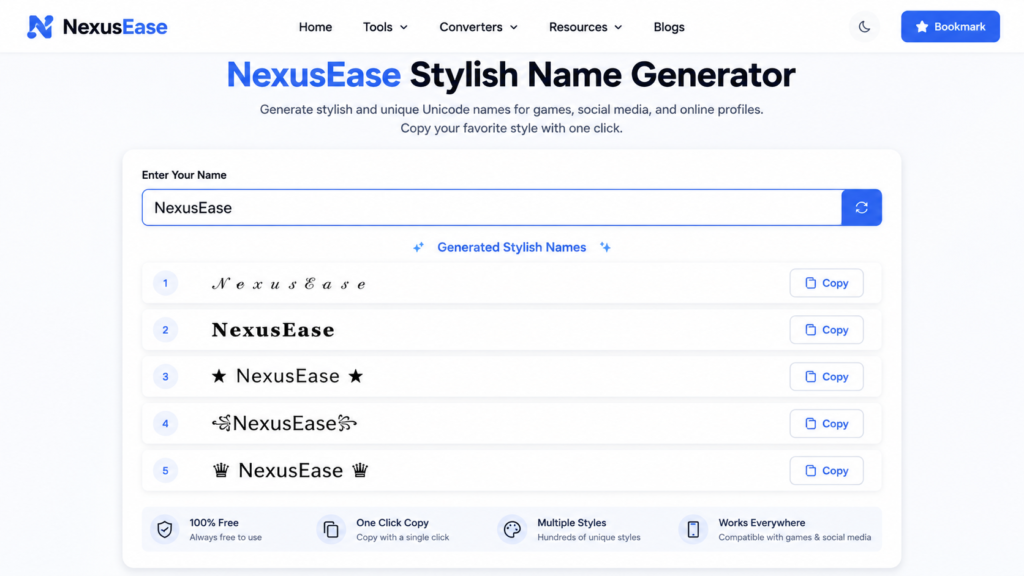 NexusEase Stylish Name Generator showing multiple Unicode name styles with copy buttons