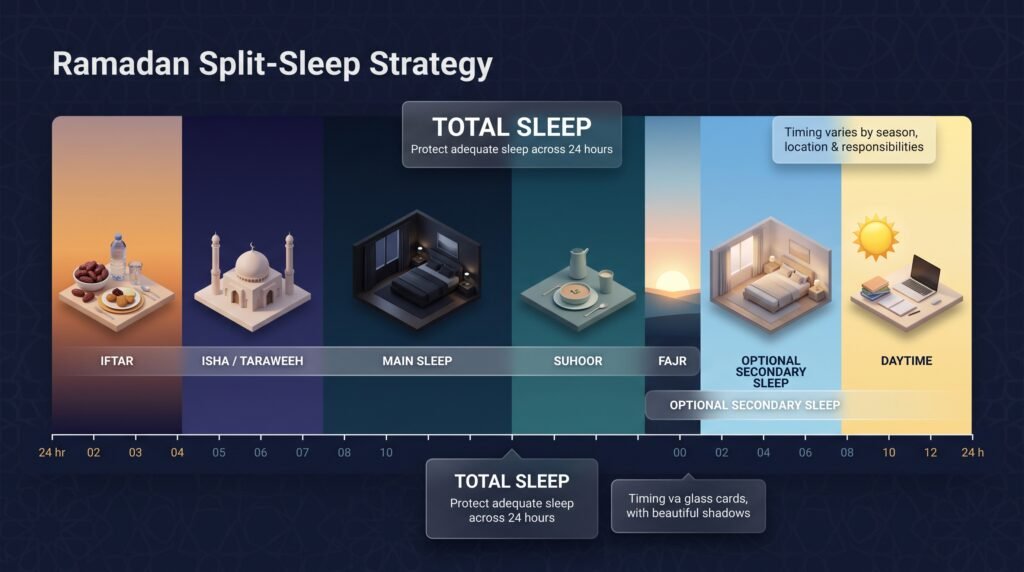 Ramadan split sleep schedule with Iftar, Suhoor, Fajr and secondary sleep