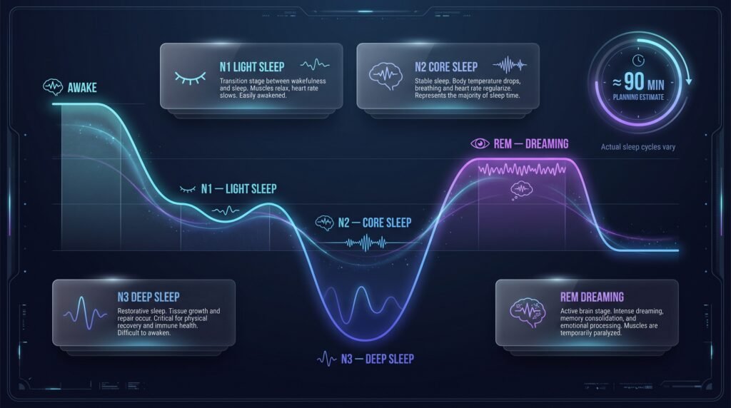 Sleep cycle stages showing N1, N2, N3 deep sleep and REM sleep