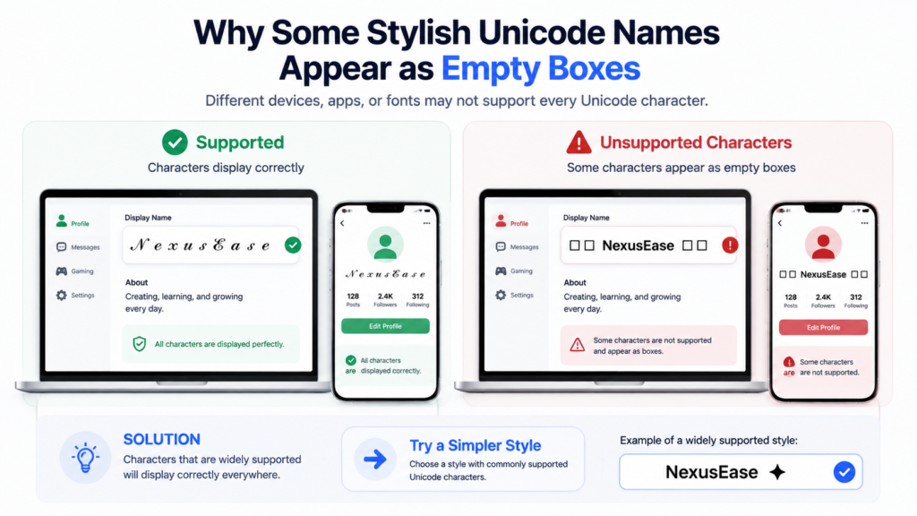 Stylish Unicode name compatibility showing supported text and unsupported character boxes